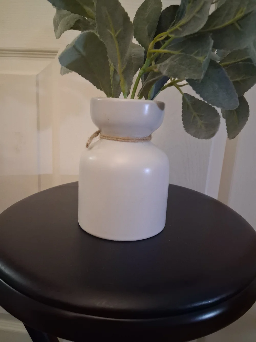 Ceramic White Vase with Natural Jute Accent and Green Faux Foliage
